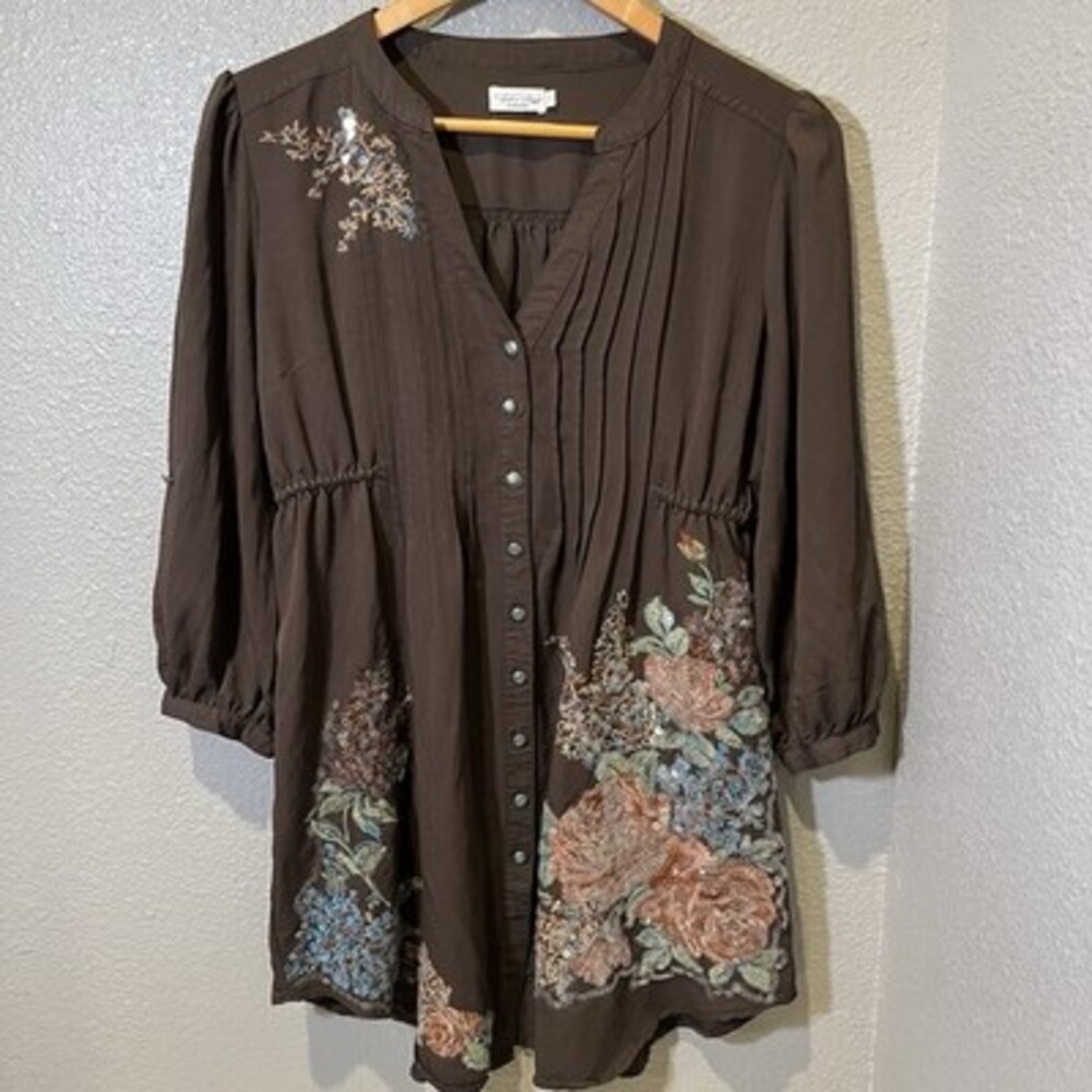 Tasha Polizzi Embroidered Tunic Blouse Women’s Small Brown Boho Button Front